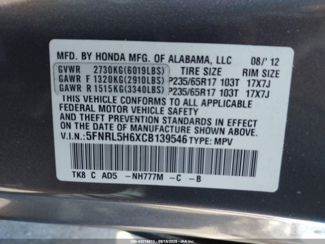 2012 HONDA ODYSSEY 5FNRL5H6XCB139546 Photo 8