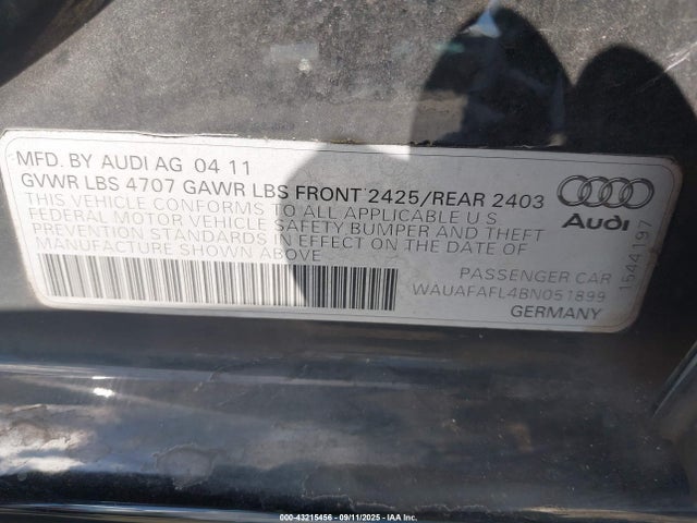 2011 AUDI A4 WAUAFAFL4BN051899 Photo 8