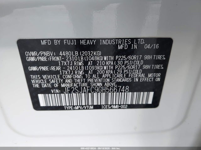 Subaru naturally aspirated u5 2016 JF2SJAFC9GH566748 Image 9