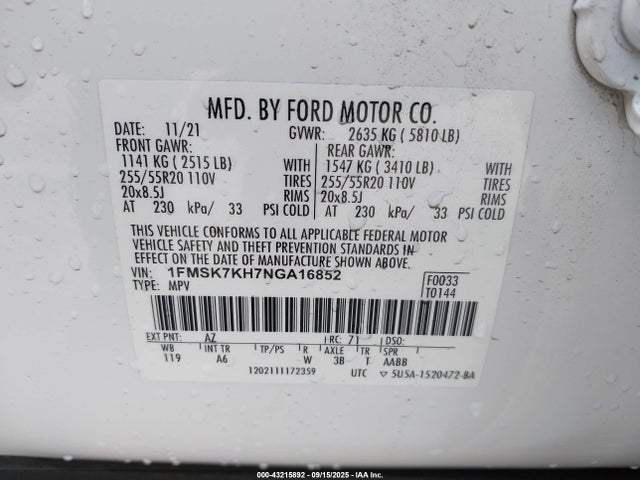 Ford ecoboost 2022 1FMSK7KH7NGA16852 Image 9