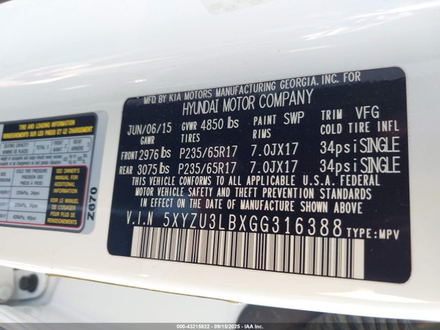 5XYZU3LBXGG316388 Hyundai gdi theta ii