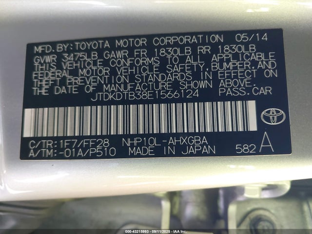 JTDKDTB38E1566124 Toyota 1nz-fxe+1lm