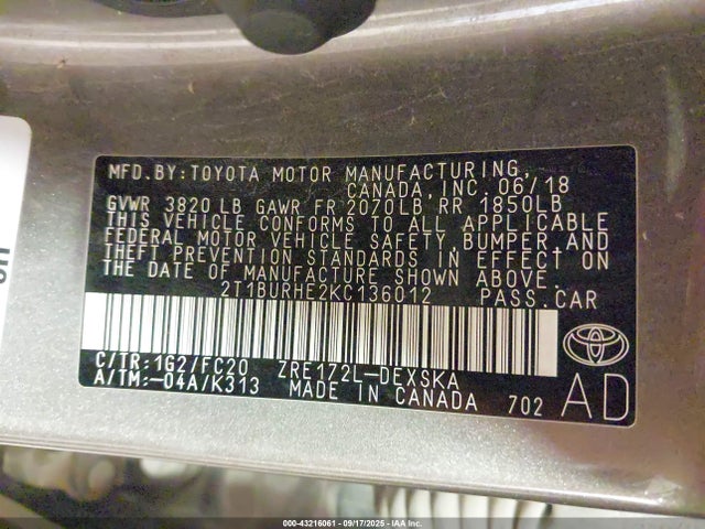 Toyota 2zr-fe 2019 2T1BURHE2KC136012 Image 9