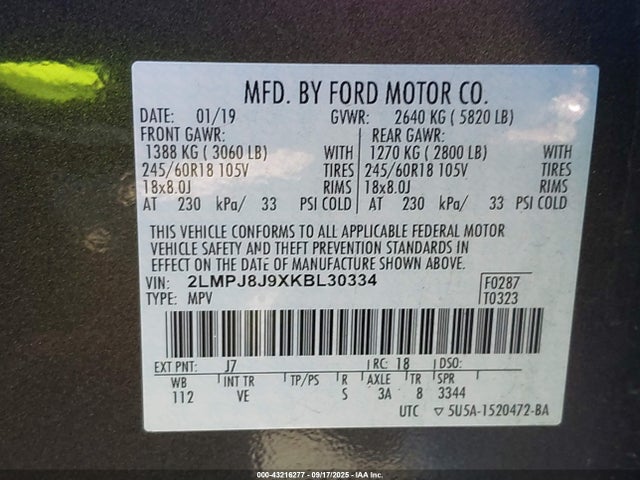 2LMPJ8J9XKBL30334 Lincoln 2.0l gtdi