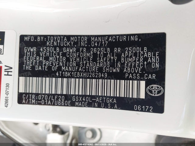 4T1BK1EBXHU262949 Toyota 2gr-fe