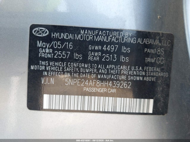 5NPE24AF8HH439262 Hyundai Sonata