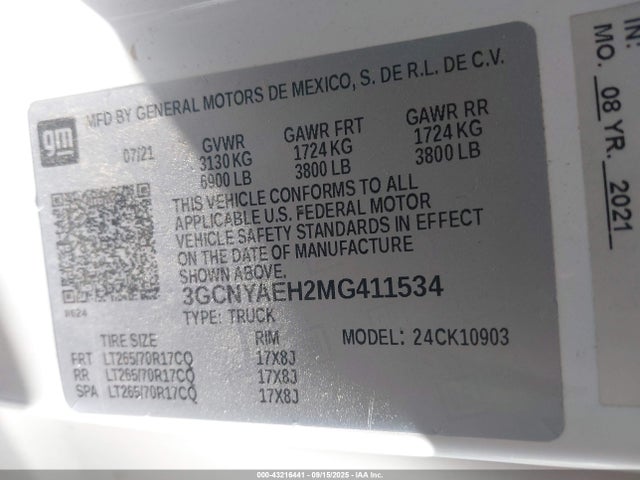 3GCNYAEH2MG411534 Chevrolet lv3 - gen 5, sidi, vvt, max alum