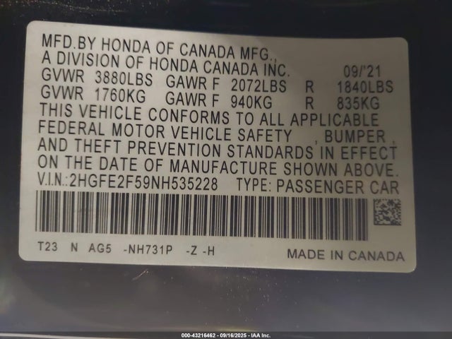 2HGFE2F59NH535228 Honda k20c2