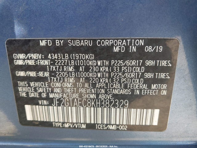 Subaru naturally aspirated 2019 JF2GTAEC8KH382329 Image 9