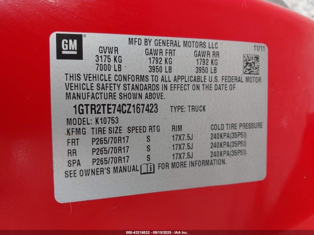 Aukcja sprzedaży 2012 Gmc Sierra 1500 Work Truck, vin: 1GTR2TE74CZ167423, numer aukcji: 43216532
