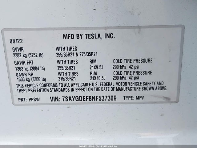 2022 TESLA MODEL Y 7SAYGDEF8NF537309 Photo 8