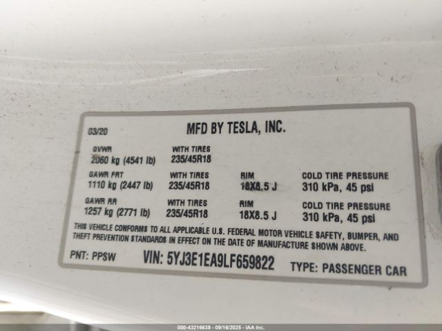 2020 TESLA MODEL 3 5YJ3E1EA9LF659822 Photo 8