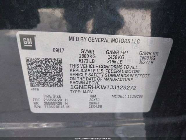 1GNERHKW1JJ123272 Chevrolet Traverse 3lt