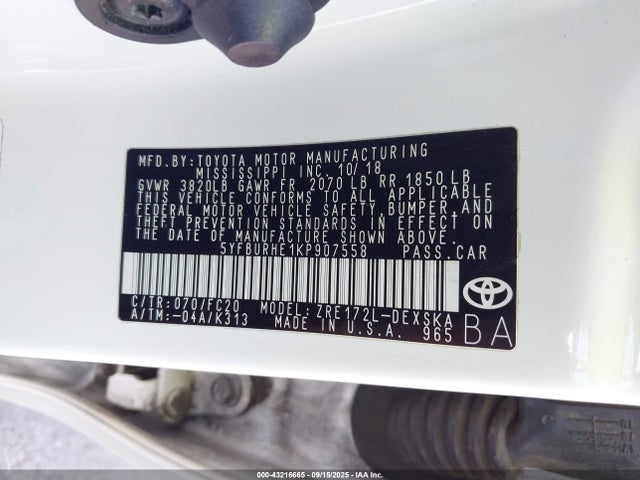 5YFBURHE1KP907558 Toyota 2zr-fe