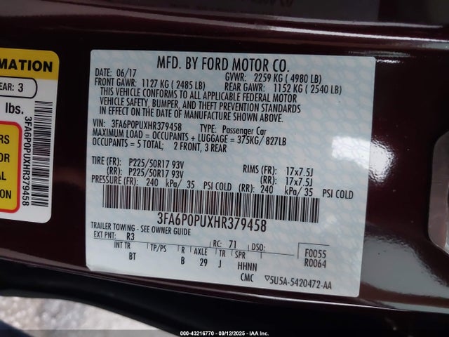 3FA6P0PUXHR379458 Ford 2.0l 4v atk hev