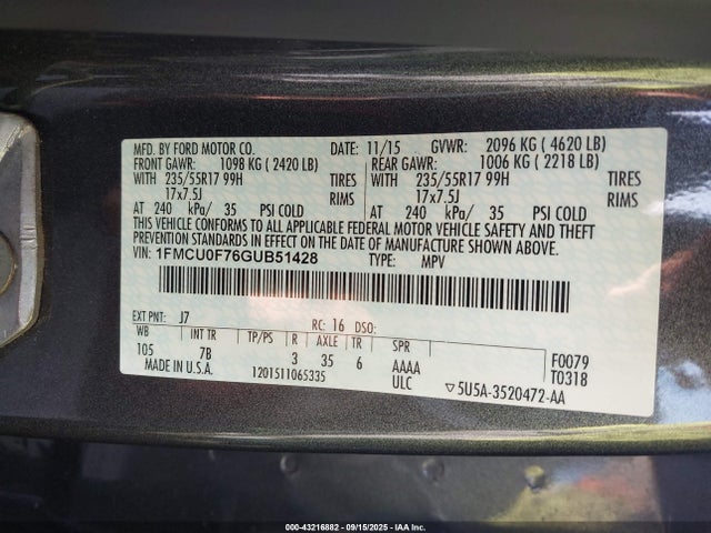 Ford Escape 2016 1FMCU0F76GUB51428 Image 9