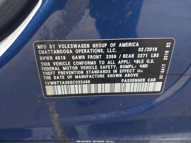 1VWBT7A35GC032496 Volkswagen Passat