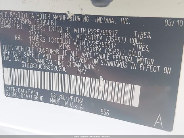 43217089 :رقم المزاد ، 5TDZK3DC3BS020296 vin ، 2011 Toyota Sienna Base V6 مزاد بيع
