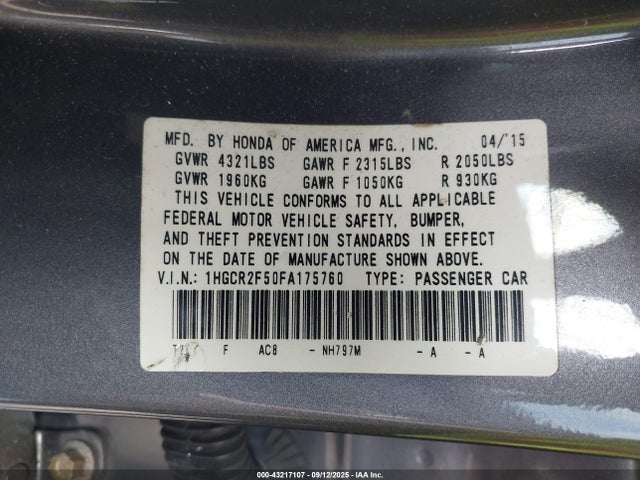 1HGCR2F50FA175760 Honda k24w1
