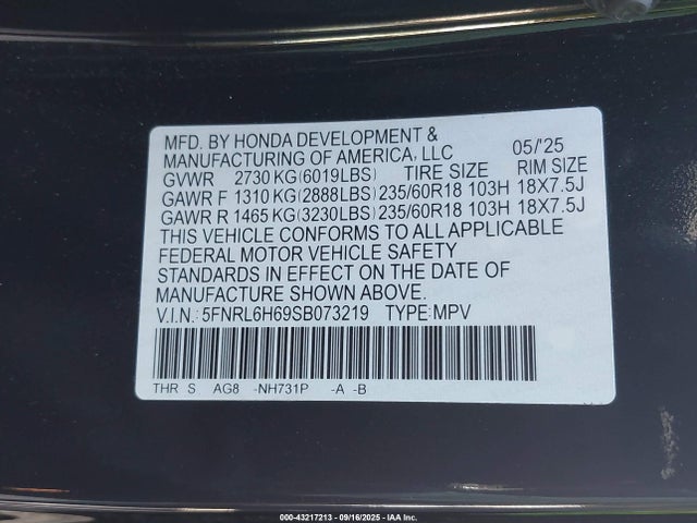 5FNRL6H69SB073219 Honda j35y7