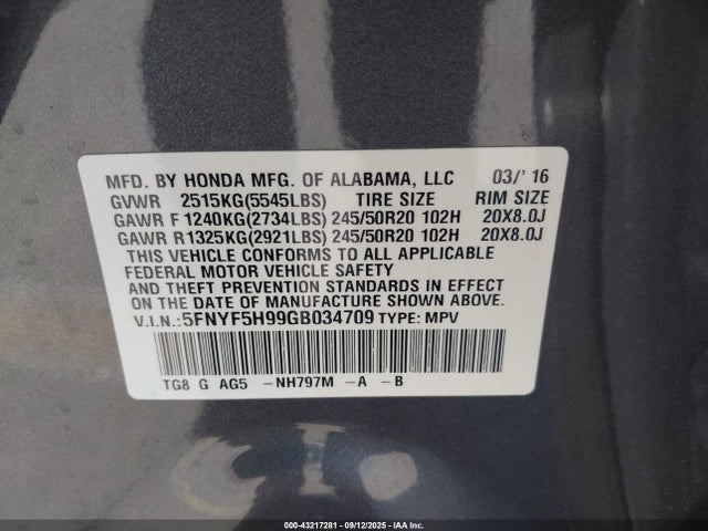 5FNYF5H99GB034709 Honda j35y6