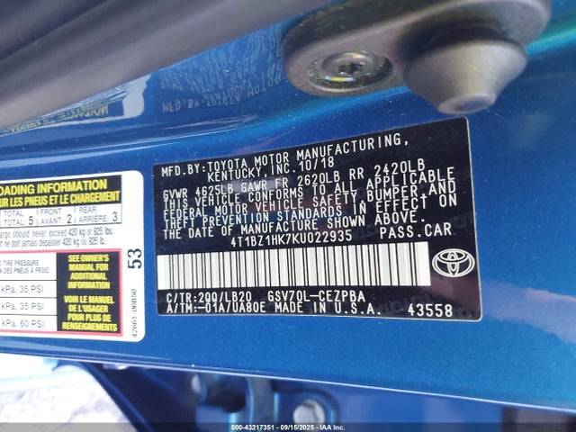 4T1BZ1HK7KU022935 Toyota 2gr-fks