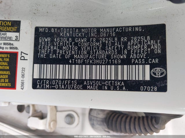 Продажа на аукционе авто 2017 Toyota Camry Se, vin: 4T1BF1FK3HU271169, номер лота: 43217411