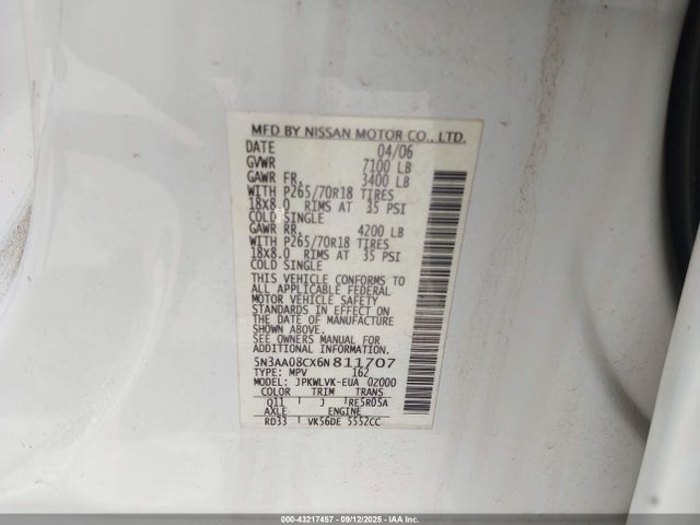 Aukcja sprzedaży 2006 Infiniti Qx56, vin: 5N3AA08CX6N811707, numer aukcji: 43217457