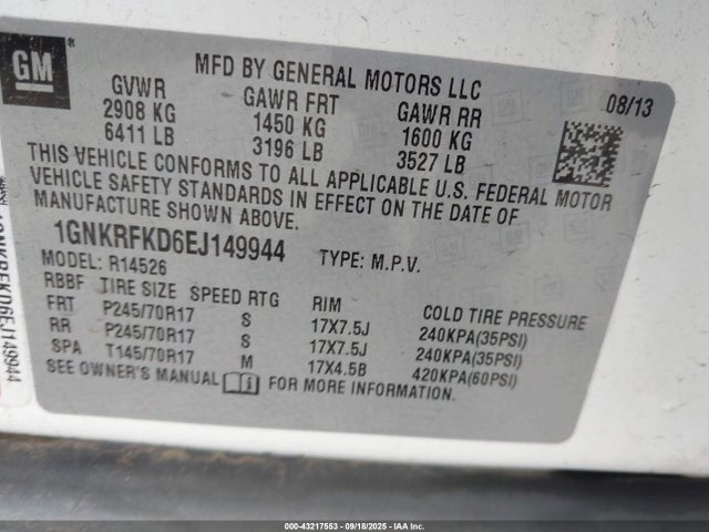 1GNKRFKD6EJ149944 Chevrolet llt