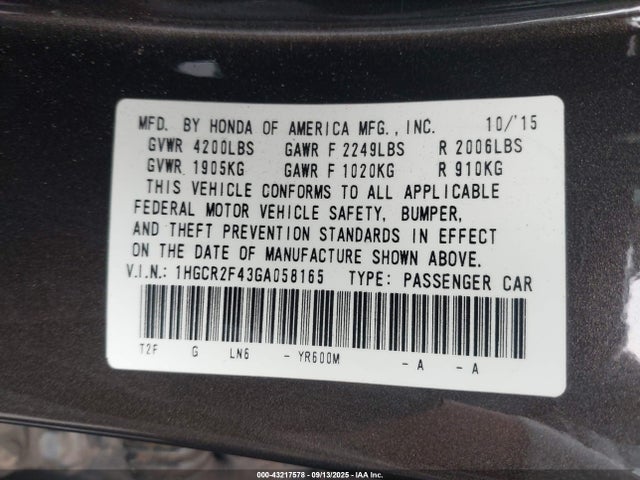 1HGCR2F43GA058165 Honda k24w1