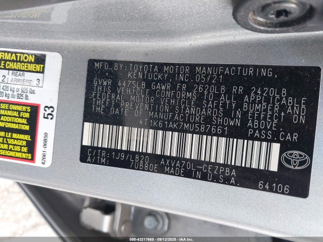 4T1K61AK7MU587661 Toyota a25a-fks