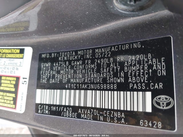 4T1C11AK3NU698888 Toyota a25a-fks