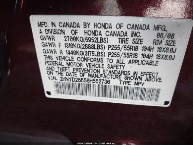 2008 ACURA MDX 2HNYD28658H552736 Photo 8