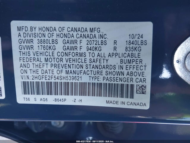 Honda k20c9 2025 2HGFE2F54SH539621 Image 9