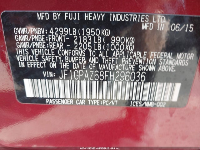 JF1GPAZ68FH296036 Subaru 2.0l na