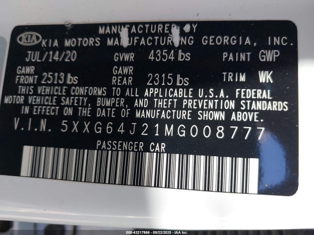 5XXG64J21MG008777 KIA t-gdi gamma ii