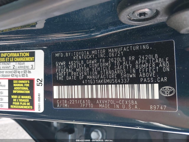 4T1G31AK6MU564337 Toyota a25a-fxs