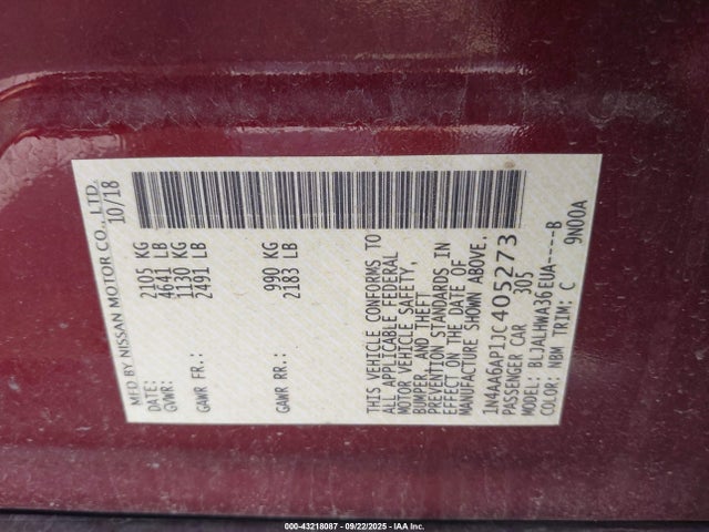 Nissan Maxima 2018 1N4AA6AP1JC405273 Image 9