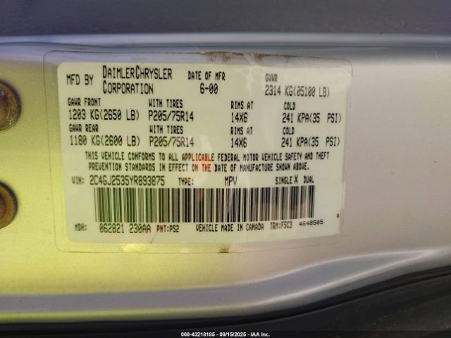 2000 CHRYSLER VOYAGER 2C4GJ2535YR893875 Photo 8