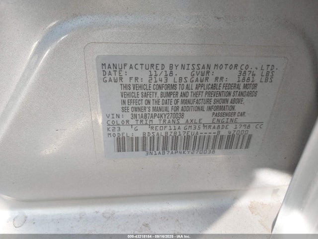 3N1AB7AP4KY270038 Nissan Sentra