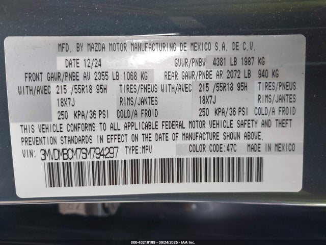 43218189 :رقم المزاد ، 3MVDMBCM7SM794297 vin ، 2025 Mazda Cx-30 2.5 S Carbon Edition مزاد بيع