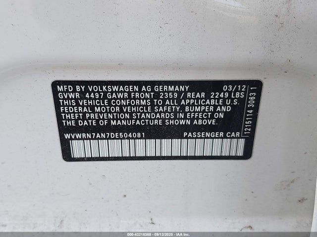 43218388 :رقم المزاد ، WVWRN7AN7DE504081 vin ، 2013 Volkswagen Cc 2.0t Lux مزاد بيع