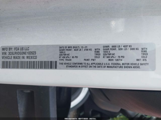 2022 RAM PROMASTER 2500 3C6LRVDG0NE102623 Photo 8