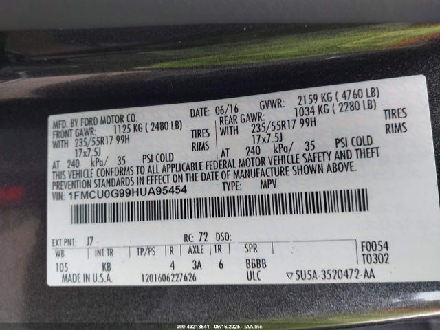 1FMCU0G99HUA95454 Ford Escape