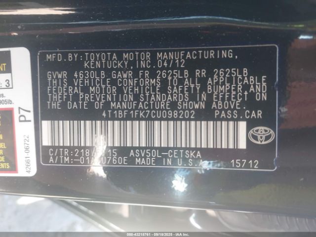2012 TOYOTA CAMRY 4T1BF1FK7CU098202 Photo 8