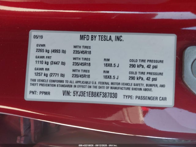 2019 TESLA MODEL 3 5YJ3E1EB8KF387030 Photo 8
