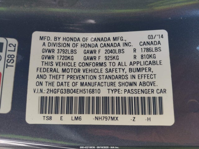 2HGFG3B04EH516810 Honda r18z1