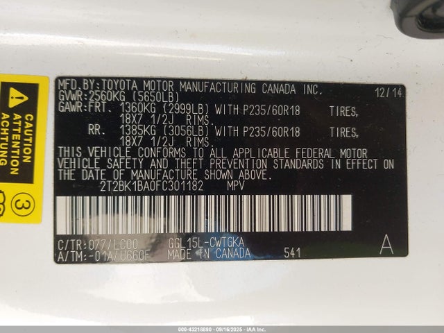 Aukcja sprzedaży 2015 Lexus Rx 350, vin: 2T2BK1BA0FC301182, numer aukcji: 43218890