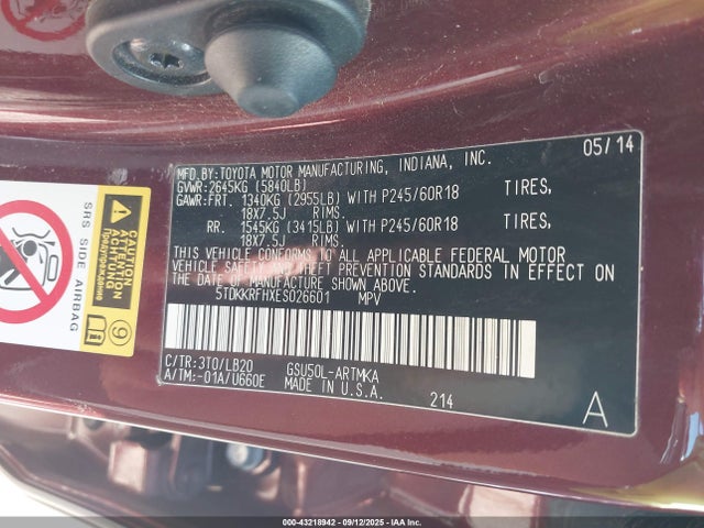 Toyota 2gr-fe 2014 5TDKKRFHXES026601 Image 9