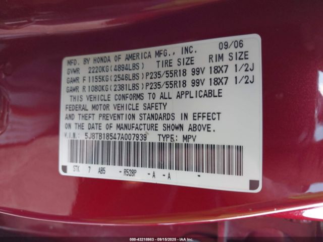 2007 ACURA RDX 5J8TB18547A007939 Photo 8